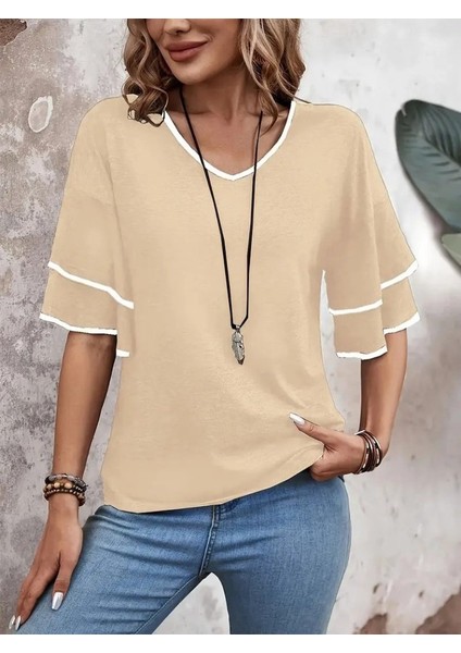 Mottisfashion Kadın Kısa Kollu V Yakalı Viskon Bluz indirimleri