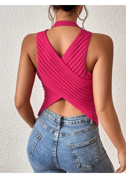 Mottisfashion Kadın Sıfır Kol Sırt Çapraz Detay Triko Bluz