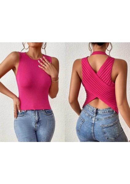 Mottisfashion Kadın Sıfır Kol Sırt Çapraz Detay Triko Bluz