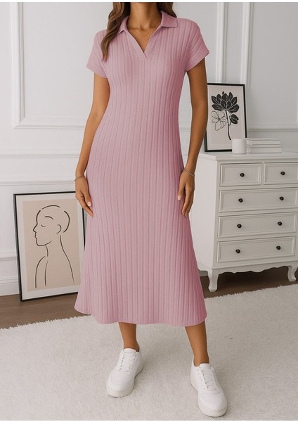 Mottisfashion Kadın Kısa Kollu Yakalı Yandan Yırtmaçlı Kalın Fitilli Kaşkorse Elbise fiyatları