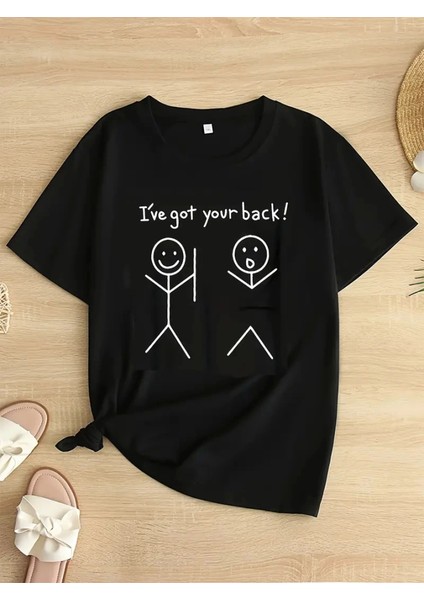 Mottisfashion Baskılı Oversize Bisiklet Yaka T-Shirt - Siyah