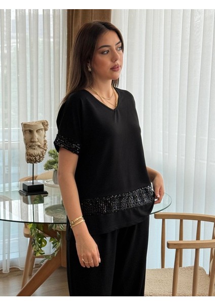 Mottisfashion Kadın Kısa Kollu V Yakalı Pul Payetli Viskon Iki Iplik Bluz ve Pantolon Ikili Takım fiyatları