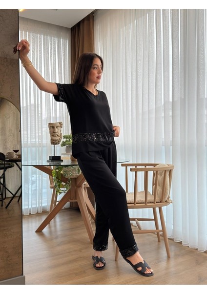 Mottisfashion Kadın Kısa Kollu V Yakalı Pul Payetli Viskon Iki Iplik Bluz ve Pantolon Ikili Takım modelleri