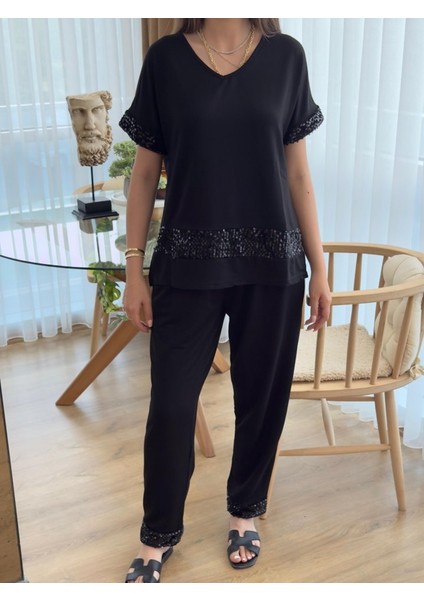 Mottisfashion Kadın Kısa Kollu V Yakalı Pul Payetli Viskon Iki Iplik Bluz ve Pantolon Ikili Takım indirimleri