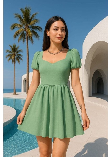 Mottisfashion Kadın Dalgıç Kumaş Kalp Yaka Elbise