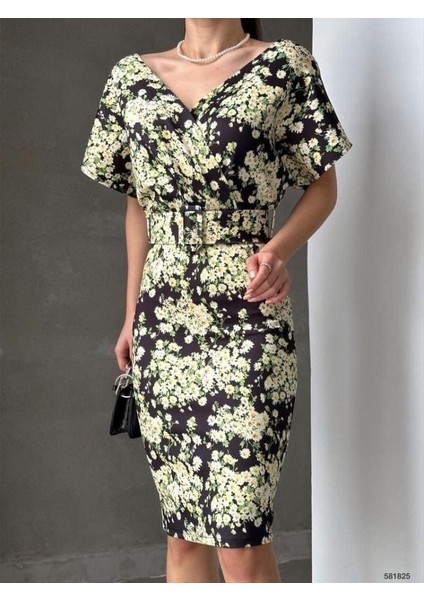 Mottisfashion Kadın Dalgıç Kumaş V Yaka Çiçek Desenli Kuşaklı Kalem Elbise