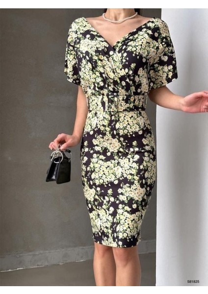 Mottisfashion Kadın Dalgıç Kumaş V Yaka Çiçek Desenli Kuşaklı Kalem Elbise fiyatları