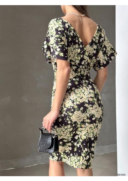 Mottisfashion Kadın Dalgıç Kumaş V Yaka Çiçek Desenli Kuşaklı Kalem Elbise modelleri