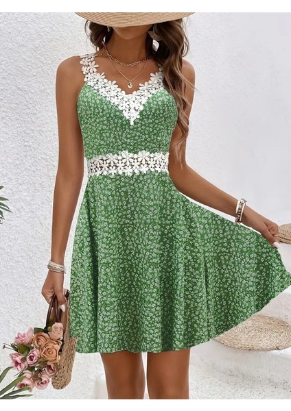 Mottisfashion Kadın Askılı Dantel Yakalı Çiçek Desenli Süprem Elbise