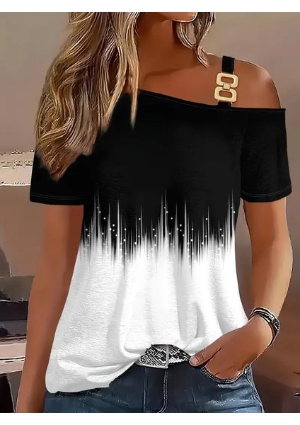 Mottisfashion Kadın Tek Omuzdan Açık Askı Detaylı Desenli Süprem Bluz