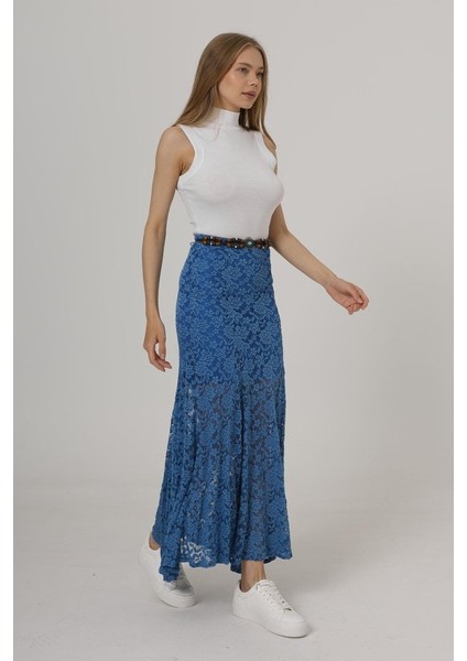 Mottisfashion Bel Lastikli Dantel Etek - Mavi fiyatları
