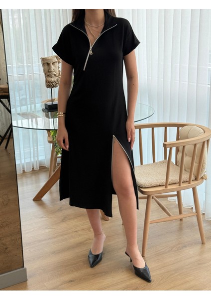 Mottisfashion Kadın Kısa Kollu Yakadan ve Etekten Fermuarlı Midi Viskon Iki Iplik Elbise fırsatları
