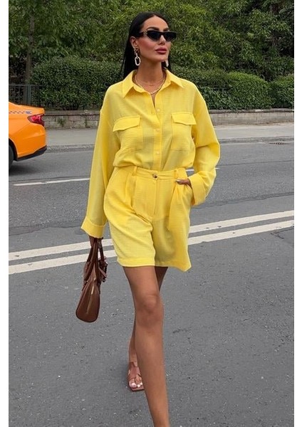 Mottisfashion Gömlek ve Şort Flamlı Keten Takım 10130