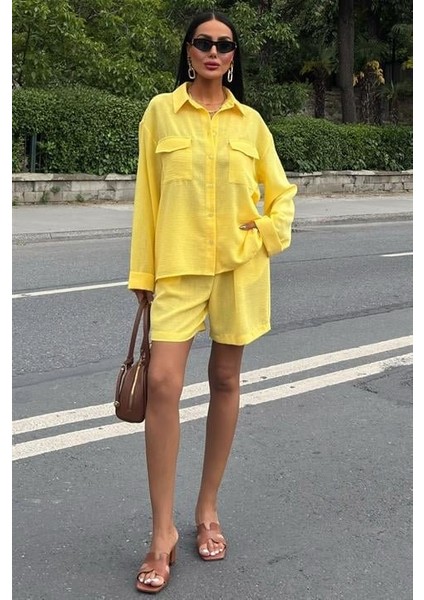 Mottisfashion Gömlek ve Şort Flamlı Keten Takım 10130