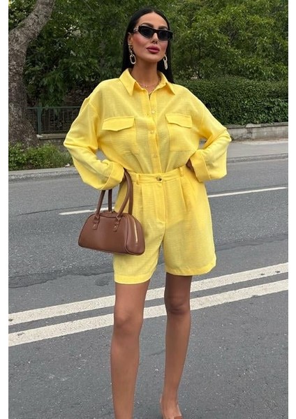 Mottisfashion Gömlek ve Şort Flamlı Keten Takım 10130