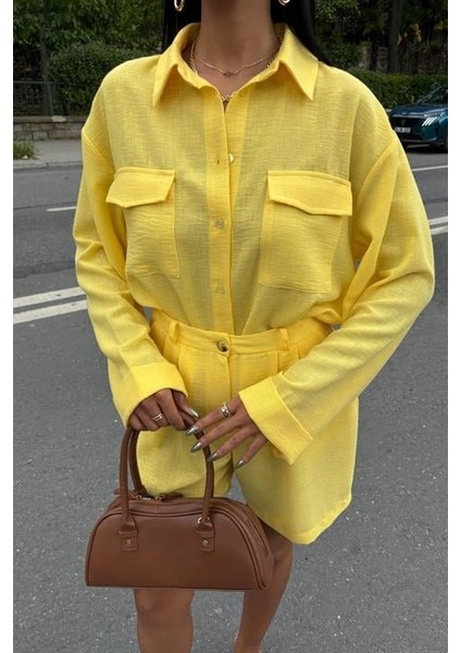 Mottisfashion Gömlek ve Şort Flamlı Keten Takım 10130