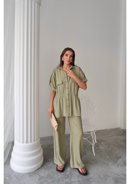 Mottisfashion Keten Belden Büzgü Detaylı Gömlek - Pantolon Takım - Yeşil fiyatları