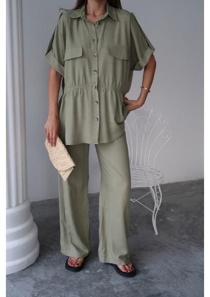 Mottisfashion Keten Belden Büzgü Detaylı Gömlek - Pantolon Takım - Yeşil modelleri