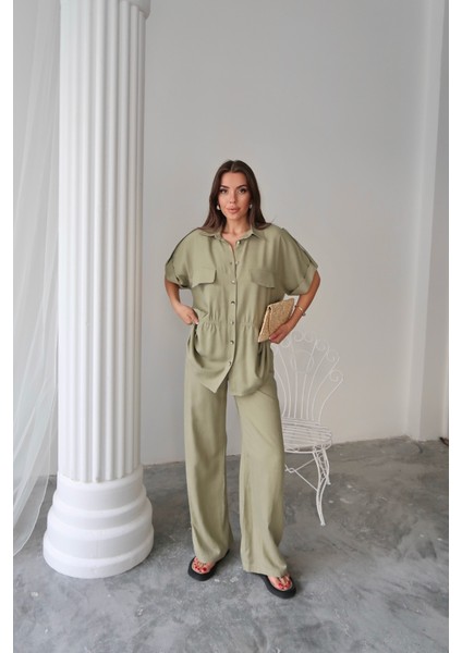 Mottisfashion Keten Belden Büzgü Detaylı Gömlek - Pantolon Takım - Yeşil fırsatları