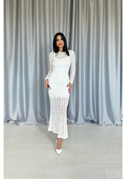 Mottisfashion Beyaz Dantelli Uzun Kollu Elbise