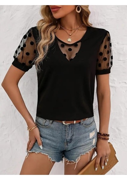 Mottisfashion Kadın Kısa Kollu Göğüs Damla ve Puantiyeli Tül Detaylı Viskon Bluz fırsatları