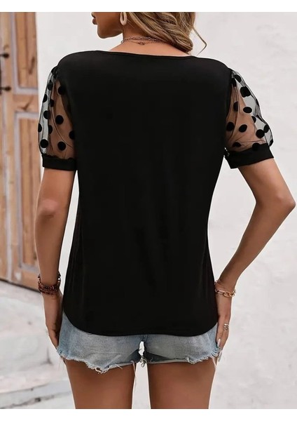 Mottisfashion Kadın Kısa Kollu Göğüs Damla ve Puantiyeli Tül Detaylı Viskon Bluz indirimleri
