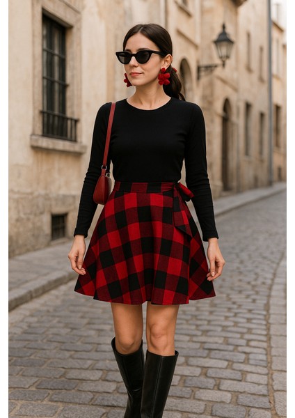 Mottisfashion Kadın Uzun Kollu Bisiklet Yaka Üst Viskon Alt Ekose Kısa Elbise