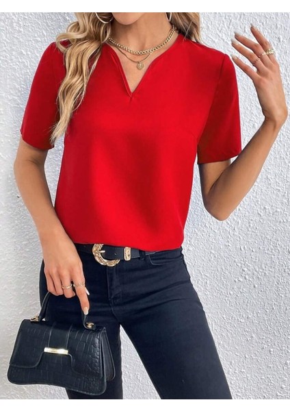 Mottisfashion Kadın Kısa Kollu V Yakalı Ithal Krep Elbise