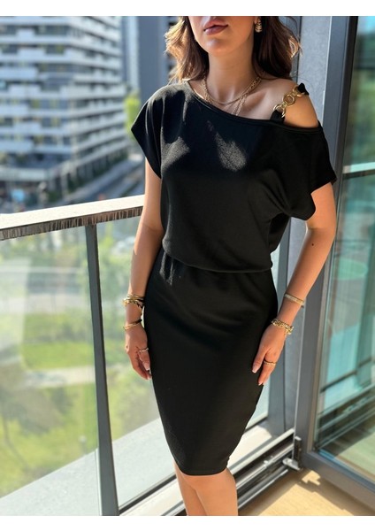 Mottisfashion Kadın Kısa Kollu Tek Omuz Askı ve Aksesuar Detay Beli Lastikli Krep Elbise fiyatları