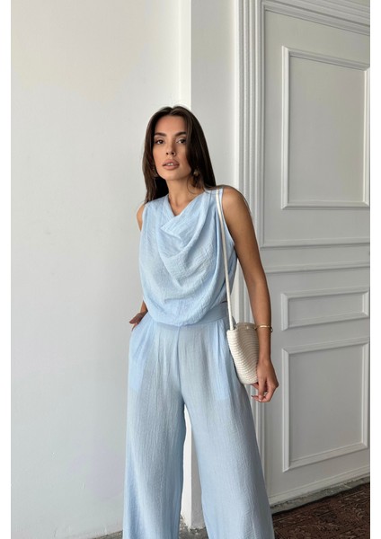 Mottisfashion Degaje Yaka Kolsuz Bluz - Pantolon Takım - Mavi fırsatları