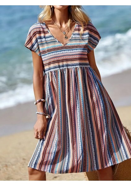 Mottisfashion Kadın Kısa Kollu V Yakalı Pile Detay Keten Elbise