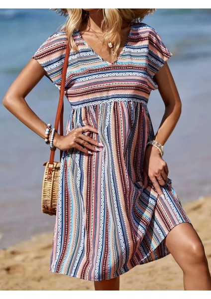 Mottisfashion Kadın Kısa Kollu V Yakalı Pile Detay Keten Elbise modelleri