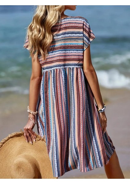 Mottisfashion Kadın Kısa Kollu V Yakalı Pile Detay Keten Elbise fırsatları