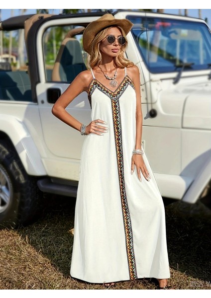 Mottisfashion Kadın Askılı V Yakalı Etnik Şerit Detaylı Uzun Viskon Elbise