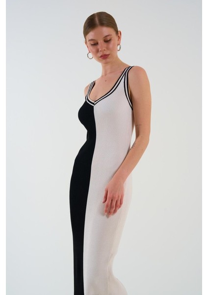 Mottisfashion Iki Renki Kolsuz Elbise - Siyah-Krem modelleri