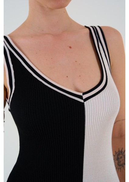 Mottisfashion Iki Renki Kolsuz Elbise - Siyah-Krem