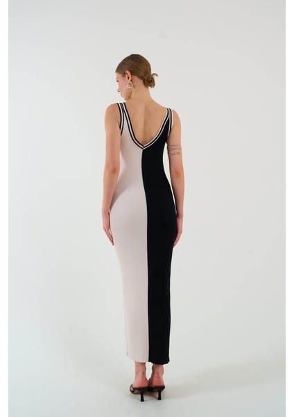 Mottisfashion Iki Renki Kolsuz Elbise - Siyah-Krem