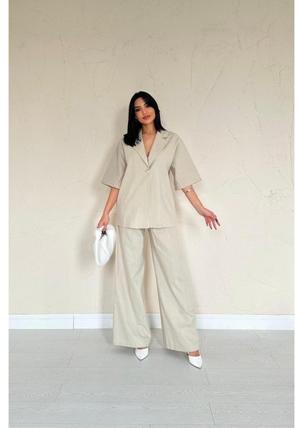 Mottisfashion Bej Önü Tek Düğmeli Ceket Pantolon Takım