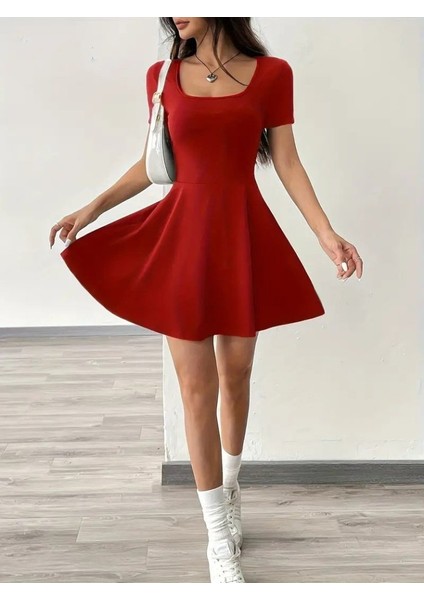 Mottisfashion Kadın Kısa Kollu Kare Yaka Short Detaylı Cepli Dalgıç Elbise fiyatları