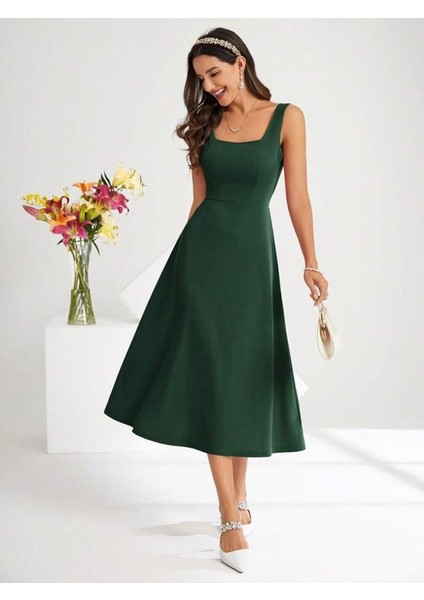 Mottisfashion Kadın Askılı Kare Yakalı Midi Ithal Krep Elbise
