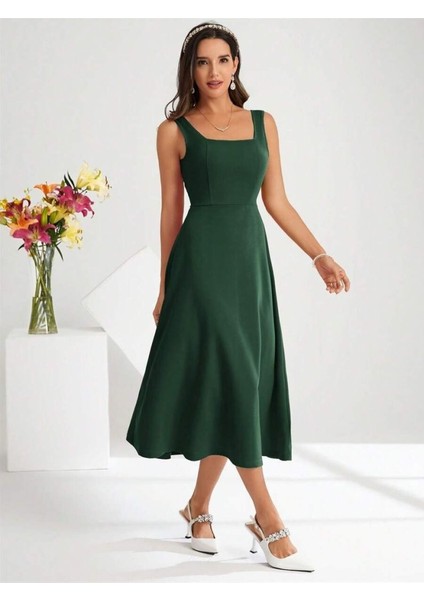 Mottisfashion Kadın Askılı Kare Yakalı Midi Ithal Krep Elbise modelleri