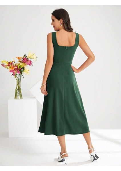 Mottisfashion Kadın Askılı Kare Yakalı Midi Ithal Krep Elbise fırsatları
