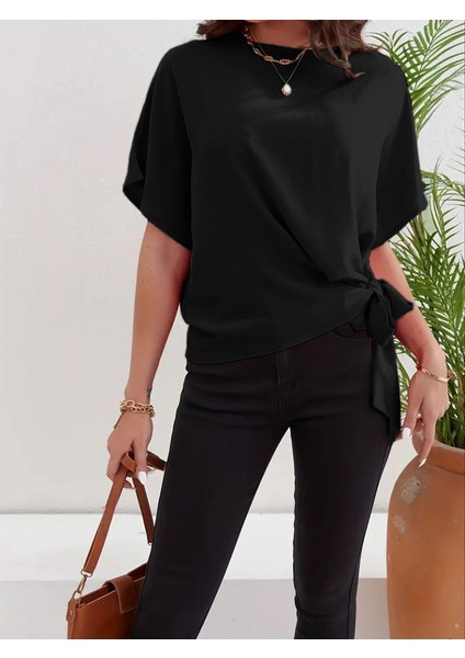 Mottisfashion Kadın Kısa Kollu Bisiklet Yaka Yandan Bağlamalı Aerobin Bluz fiyatları
