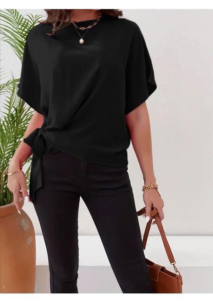 Mottisfashion Kadın Kısa Kollu Bisiklet Yaka Yandan Bağlamalı Aerobin Bluz fırsatları