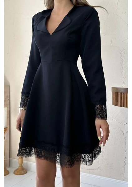 Mottisfashion Siyah Dantel Detaylı Kruvaze Yaka Elbise fırsatları