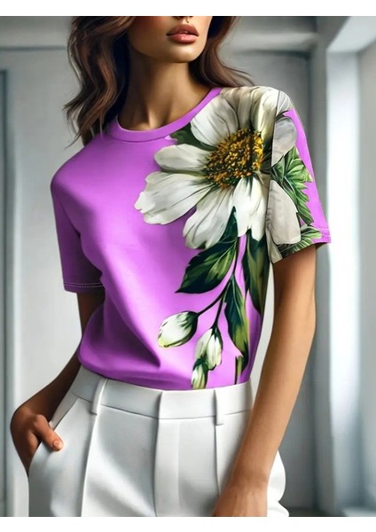 Mottisfashion Kadın Kısa Kollu Bisiklet Yaka Çiçek Baskılı Süprem Bluz