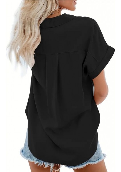 Mottisfashion Kadın Kısa Kollu V Yakalı Önden Düğmeli Dokuma Gömlek indirimleri