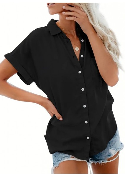 Mottisfashion Kadın Kısa Kollu V Yakalı Önden Düğmeli Dokuma Gömlek