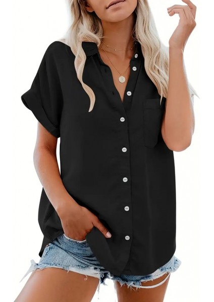 Mottisfashion Kadın Kısa Kollu V Yakalı Önden Düğmeli Dokuma Gömlek