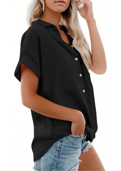 Mottisfashion Kadın Kısa Kollu V Yakalı Önden Düğmeli Dokuma Gömlek